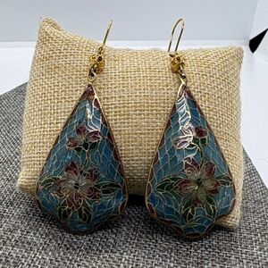 Vintage Cloisonné Blue and Gold Teardrop Earrings